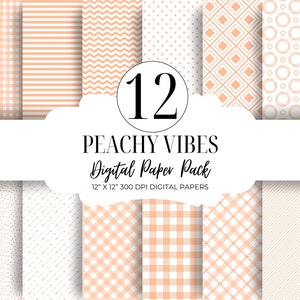 Może przedstawiać: Zestaw 12 cyfrowych papierów w kolorze brzoskwiniowym z różnymi wzorami, w tym kratą, paskami, kropkami i wzorami geometrycznymi. Papiery mają rozmiar 30,5 cm x 30,5 cm i rozdzielczość 300 DPI.