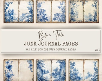 May include: Six printable pages with blue and white toile patterns. The pages are 8.5 inches by 11 inches and 300 DPI. The text "Blue Toile Junk Journal Pages Vol. 1" is at the top of the image.