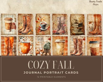 Cozy Fall Journal Cards, 12 Printable Portrait Journal Cards, Mix and Match Journal Printable, Paper Craft, Collage Sheet JJ08