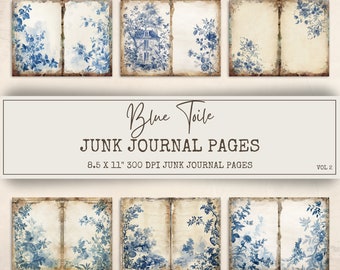May include: Six printable pages featuring a blue and white toile pattern with a vintage, distressed look. The pages are 8.5 inches by 11 inches and 300 DPI. The text "Blue Toile Junk Journal Pages Vol. 2" is at the top of the image.