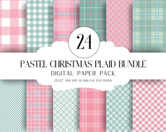 May include: A digital paper pack with 24 pastel Christmas plaid patterns. The patterns are in pink, green, and white. The patterns are seamless and can be used for scrapbooking, card making, and other crafts.