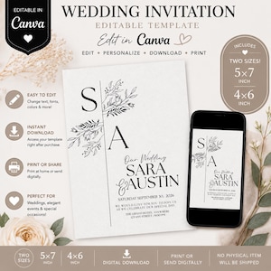 May include: An editable wedding invitation template featuring the letters S and A, floral line art, and the text Sara and Austin, Saturday September 30, 2026. The design is shown on a 5x7 inch and 4x6 inch card and a smartphone screen.