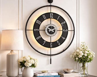 Oversized Wall Clock, Silent , Modern ,  Metal Glass Unique Statement , New Home Gift  ( 60cm x 80cm )