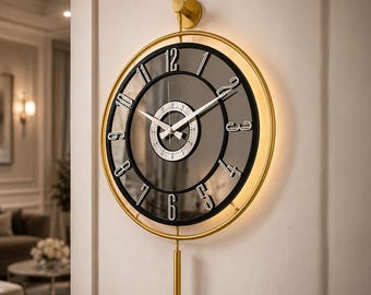 Gold Metal Glass Wall Clock, Modern Silent Decorative Clock with Light, 40x60 cm
