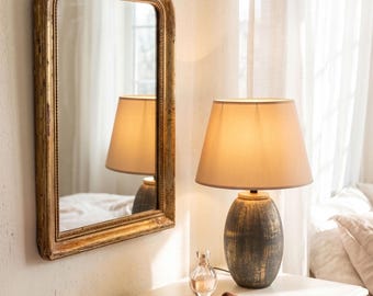 Lampada da tavolo rustica in ceramica, lampada da comodino marrone e oro con paralume in tessuto