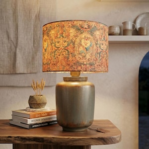 Handmade Ceramic Table Lamp - Orange Patterned Shade - Green & Gold Distressed Base - Boho Eclectic Bedside Light