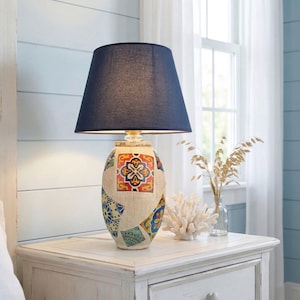 Handmade Tile Pattern Table Lamp,Navy Blue Shade Light, Mediterranean Style Pottery, Colorful Patchwork Decor,50cm Modern Accent Lamp