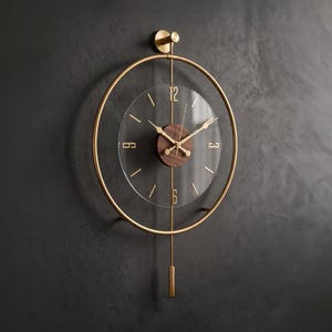 Oversized Gold Metal Wall Clock: Silent Glass Timepiece with Wood Accent