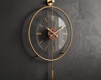 Oversized Gold Metal Wall Clock: Silent Glass Timepiece with Wood Accent