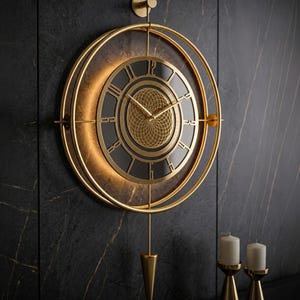 Grote wandklok slinger • Modern metaalontwerp, stille kwarts bronzen spiegelklok 50 x 90