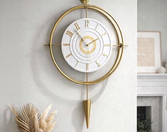 Große Wanduhr Pendel, Stille Uhr, Hintergrundlicht, Gold und Weiße Moderne Metalluhr