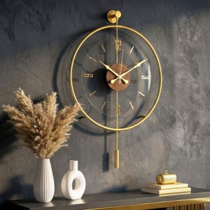 Gold Metal Wall Clock with Pendulum, Modern Silent Glass Clock, Mid Century Luxury Decor