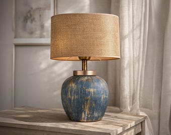 Abajur de mesa em cerâmica azul com cúpula bege, luminária de cabeceira artesanal, luminária de mesa moderna para mesa de cabeceira.