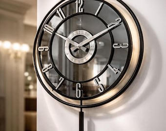 Black Large Wall Clock, Round Metal Frame, Minimalist Home Decor Bedroom Clock 40cm x 60cm