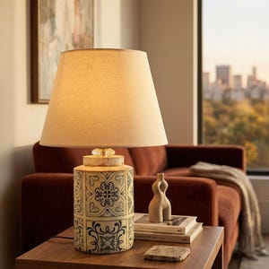 Handmade Ceramic Table Lamp Blue and White Pattern | Vintage Style Small Bedside Light | Mediterranean Desk Lamp Rustic Home Decor Light