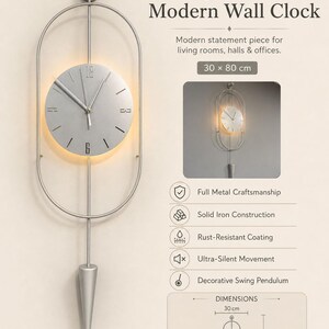 May include: Large silver modern wall clock. The clock has a circular face and a decorative pendulum. Dimensions are 30 cm x 80 cm, approximately 11.8 inches x 31.5 inches. It is designed for living rooms, halls, and offices. The clock has a silver finish.