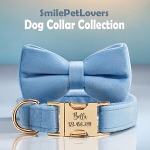 Handmade Dog Collar with Bowtie,Sky Blue Velvet Dog Collar Leash,Puppy Collar,Engraved Name on Dog Collar,Dog Harness Leash Set,Dog Gifts