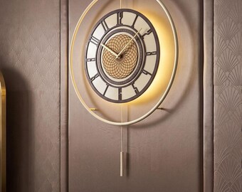 Large Wall Clock Silent Metal Pendulum Modern Home Decor Cream Wood Details  (50cm x 75cm)