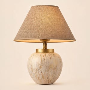 Handgjord bordslampa i keramik, nattduksbordslampa med varm tygskärm, sänglampa i beige keramik