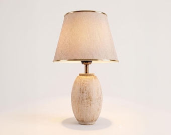 Handmade Ceramic Table Lamp, Cream Gold Bedside Pottery Lamp with Fabric Shade, 50cm