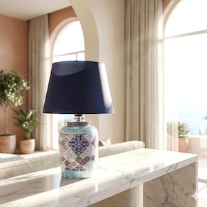 Blue Ceramic Table Lamp with Navy Shade - Azulejos Style Pottery - Elegant Living Room Lighting - Gold Detail Nightstand Lamp - Home Gift