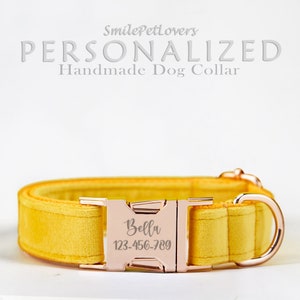 Personalized Dog Collar,Custom Dog Collar Adjustable,Engraved Dog Collar,Cute Designer Dog Collar Yellow Velvet Handmade Dog Collar