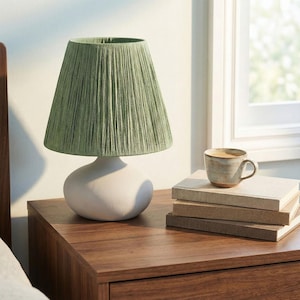 Handmade Green Ceramic Table Lamp | Pleated Shade Bedside Light | Modern Nordic Home Decor | E27 Socket Small Desk Lamp | Grey Base