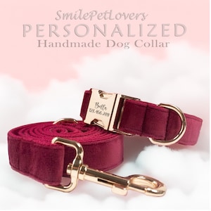 Personalized Dog Collar Leash Set,Custom Dog Collar Adjustable,Wine Red Velvet Engraved Dog Collar,Cute Designer Dog Collar,Dog Lover Gift