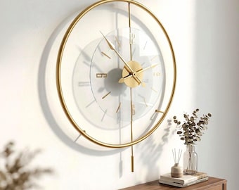 Übergroße Wanduhr, Statement Wanduhr, Moderne Gold Uhr, Große Wohnzimmer Dekor, Stille Luxus Uhr