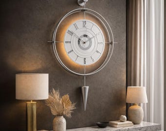 Silver Metal Wall Clock with Pendulum, Modern Silent Glass Clock, Large 50x90 cm