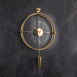 Oversized Metal Wall Clock with Pendulum, Silent Tempered Glass Gold Clock  50x90cm