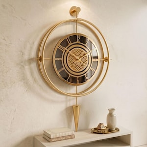 Bronze Mirror Wall Clock with Pendulum, Modern Silent Metal Clock  (50x90cm)