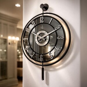 May include: A round wall clock with a black metal frame and a dark glass face. It features silver-toned Arabic numerals, matching silver hands, and a central circular dial. A black pendulum hangs from the bottom, and the clock is mounted on a wall.