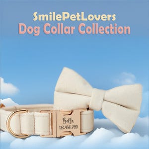 Dog Collar With Bowtie,Milk White Velvet Engraved Dog Collar With Name,Wedding Dog Collar,Dog Lover Gift,Dog Harness Leash Set