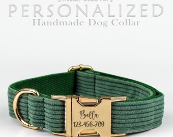 Engraved Dog Collar Dark Green Corduroy Velvet Personalized Dog Collar