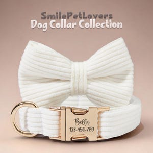 Personalized Dog Collar Bow Tie,Wedding Dog Collar,Harness Leash Set,Custom Engraved Gift For Dog,Velvet Dog Collar, White Dog Collar