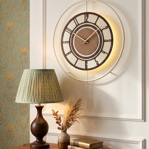 Large Wall Clock Silent Metal Pendulum Modern Home Decor Cream Wood Details