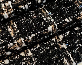 Italian tweed fabric Lamé, designer fabric, melange fabric black-white-yellow with sequins, checked, very good quality.
