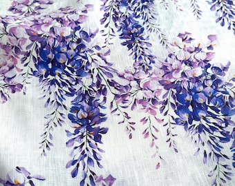 Italian designer linen fabric, elegant contemporary print with wisteria, white background, very good quality
