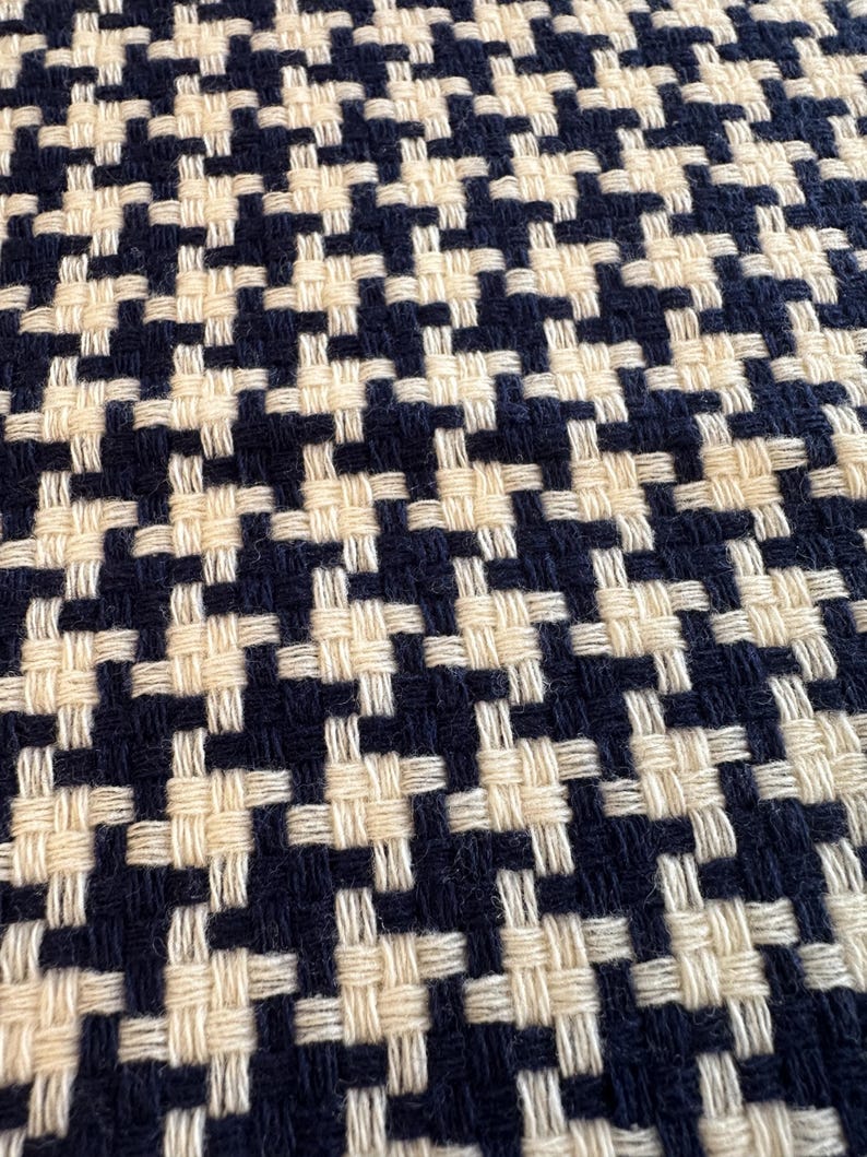 May include: Close-up of a woven fabric with a classic houndstooth pattern. The design features a repeating pattern of dark navy blue and cream-colored interlocking shapes, creating a textured surface.
