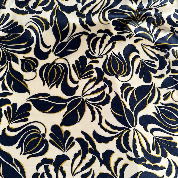 Italian viscose fabric, good quality, viscose blend with cotton, ivory background with dark blue and yellow print.