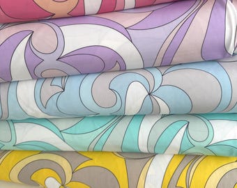 Italian viscose stretch fabric, designer print, Pu*c*i style, in 5 colors: raspberry, lavender, light blue, turquoise, yellow, top quality.