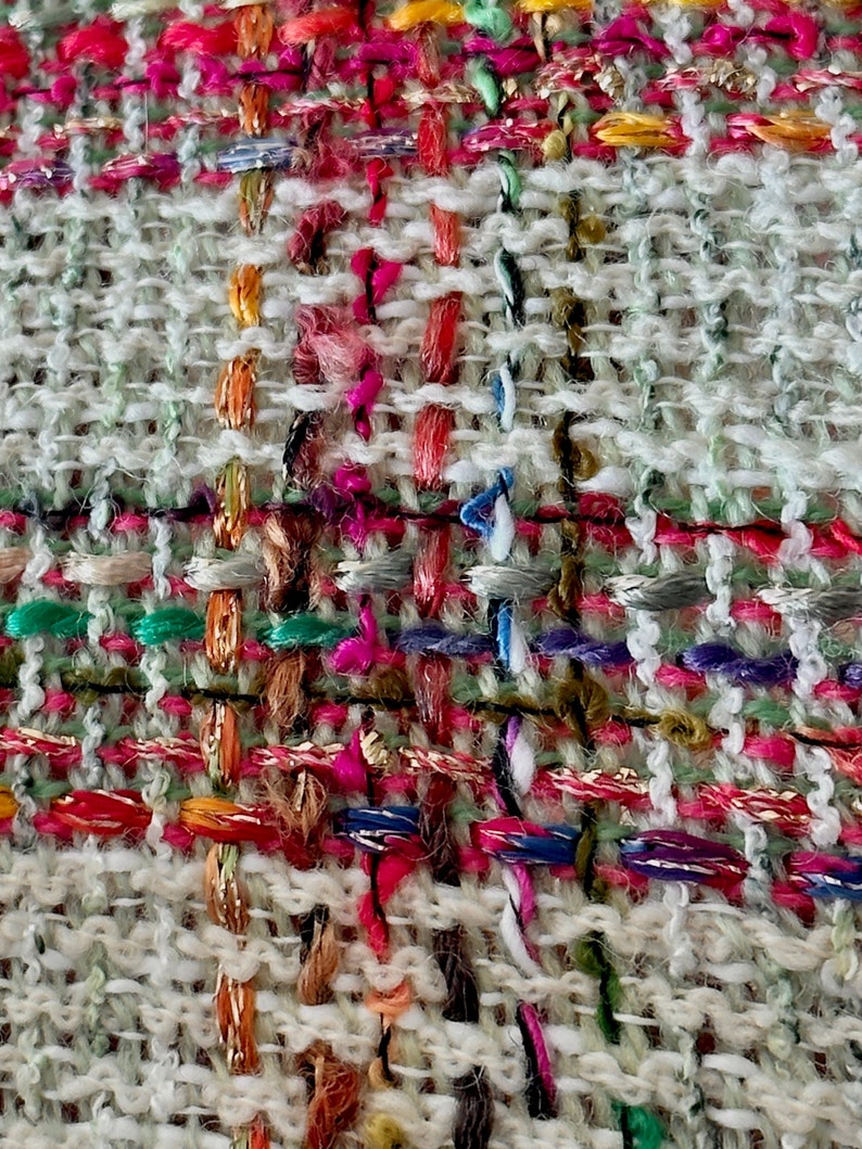 Puede incluir: Primer plano de una tela tejida con fondo blanco e hilos de colores. Los hilos est&aacute;n tejidos en un patr&oacute;n de cuadros, creando una superficie texturizada.