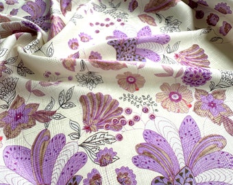 Tejido EXCLUSIVO DE DISEÑADOR ITALIANO, 100% seda tejida en jacquard, tejido de lujo, mejor calidad, fondo beige, estampado floral en violeta.