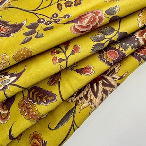 Italian viscose satin, top quality, paisley, Etro style, bright colors on a dark mustard background! Silk fabric look!