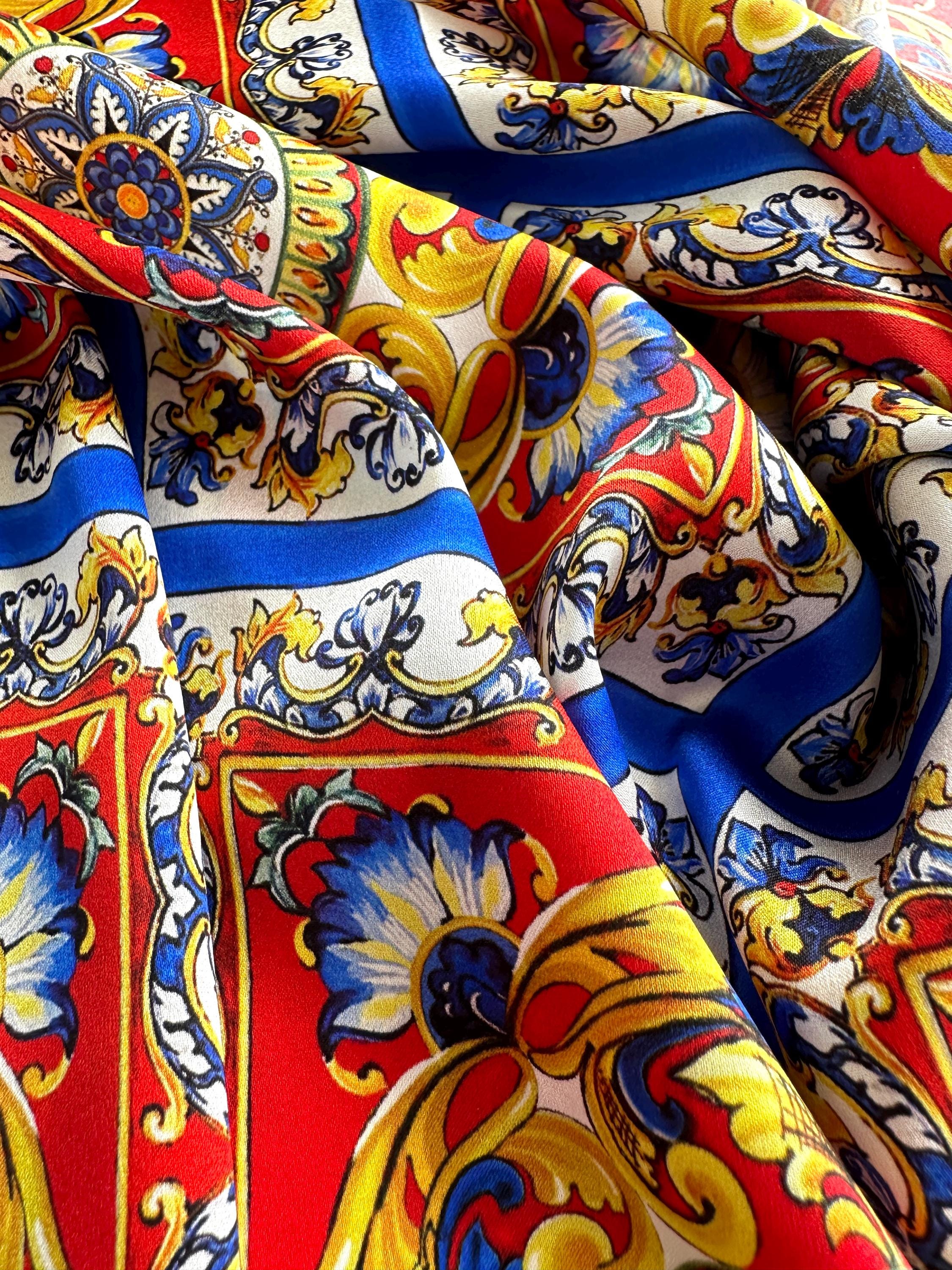 High-quality Italian 100% silk satin fabric, stretch, top quality, designer fabric, exclusive majolica print, bright colors.