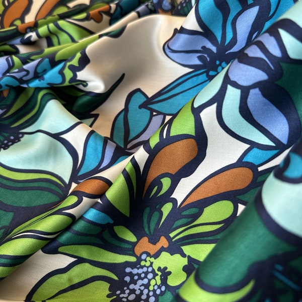 Italian viscose satin fabric, great print, beautiful bright colors, good quality, designer fabric!