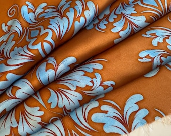 EXCLUSIVE viscose satin fabric, designer fabric, top quality, beautiful print, turquoise-blue print, ochre gold background. Last piece 1.15 m