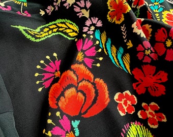 Italian viscose satin, Etr*o style, black background, bright floral print, juicy color, top quality, silk fabric look!