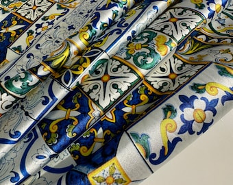 High-quality 100% Italian silk satin, stretch, Sicilian majolica, top quality, radiant color, designer fabric, last piece 1.6 m
